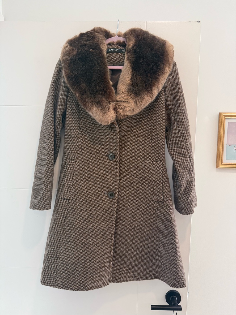 Ralph Lauren Brown Wool Blend Pea Coat with Faux Fur Collar